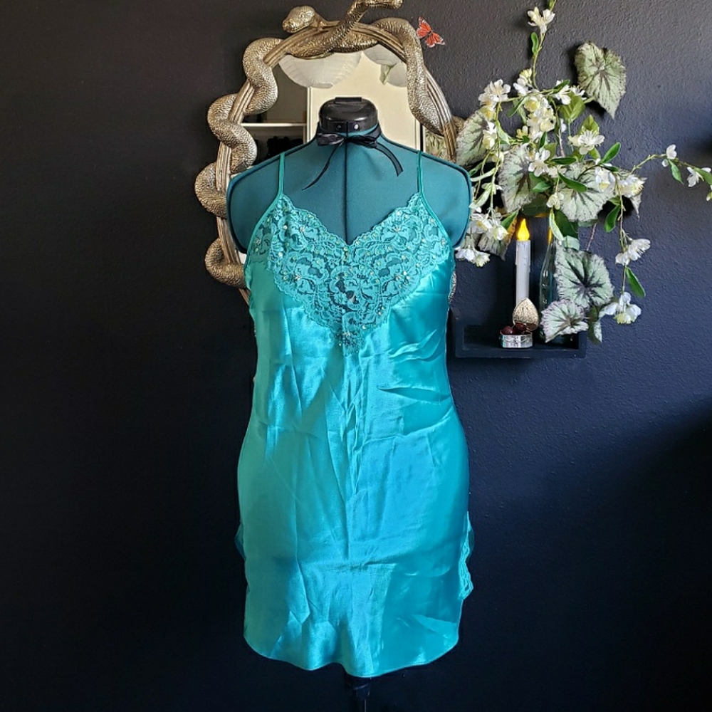 Vintage delicates teal lace slip dress